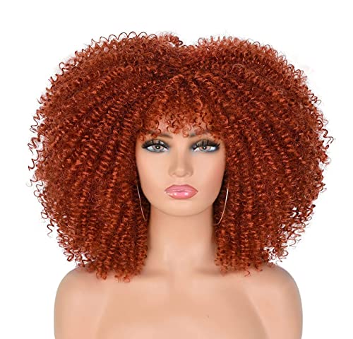Curly Afro Wig with Bangs for Black Women Short Kinky Curly Wig 14inch Synthetic Heat Resistant Ombre Red Full Wigs (Ombre Red)…