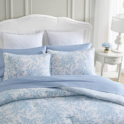 Image of Laura Ashley - Twin Comforter Set, Soft Bedding with Matching Sham, Reversible Floral Room Decor, College Dorm Room Essentials (Bedford Blue)