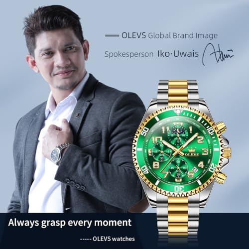 OLEVS Men's Business Watch Gold Blue with Large Easy-Read Green/Gold - Image 5