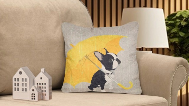 Boston Terrier With Yellow Umbrella Dog Lover Pillow Cover – 18x18 Inch Cotton Linen Cushion Cover