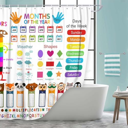 Image of Funny Kids Shower Curtain, ABC Educational Restroom Curtain with Vehicle Smathematical Knowledge for Boys Girls, Gute Pupil Students Learning Tools Cloth Fabric Bathroom Accessories Decor with Hooks