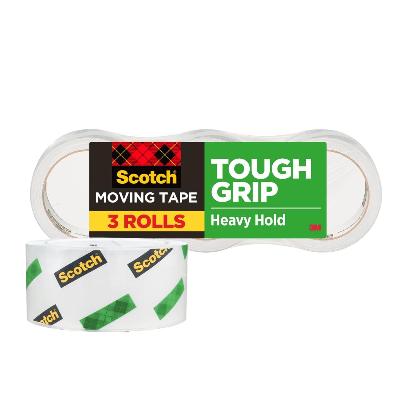 Scotch Tough Grip Moving Packing Tape, Clear, Moving Tape That Secures Boxes up to 80 Pounds, 1.88 in. x 43.7 yd., 3 Tape Rolls