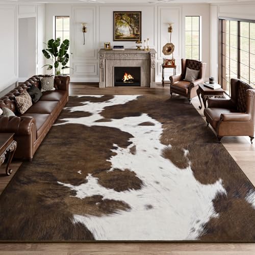 DweIke Washable Area Rugs for Living Room, 8x10 Large Soft Bedroom Rugs, Cowhide Print Non-Slip Animal Rug, Stain Resistant Throw Carpet for Office Nursery Dining Room Western Home Decor, Brown