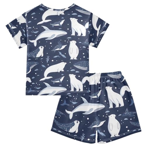 ALAZA Whale Bear Navy Blue Pajamas Set Short Sleeve Cotton Sleepwear Summer Pjs 2 Piece 5-14Y2