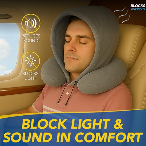 Image of Goodyear Travel Pillow with Hood - Neck Support for Comfortable Travel, Hooded Neck Pillow for Flights and Road Trips, Gray