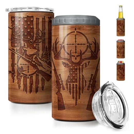 SANDJEST Hunting Tumbler Wood Style American Flag 4 in 1 16oz Tumbler Can Cooler Coozie Skinny Stainless Steel Tumbler Gift for Men Dad Best Friends Hunting Lovers Christmas Birthday Fathers Day