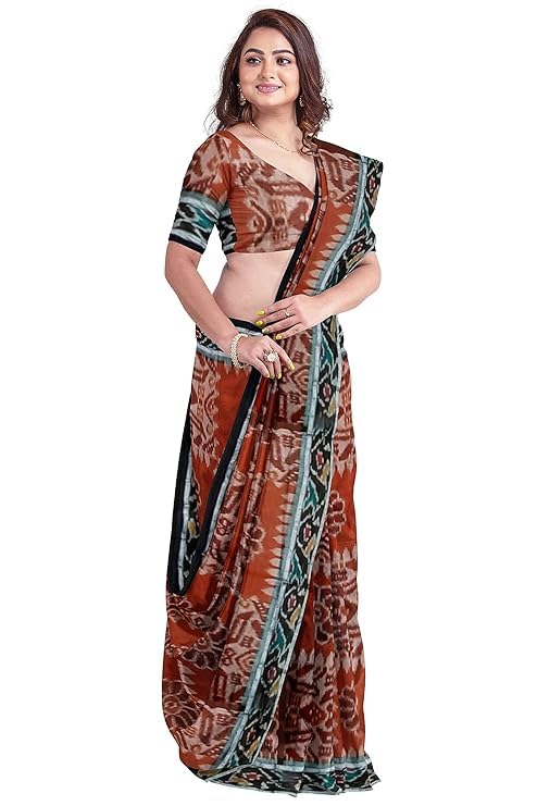 Image of Ikat Women's Cotton Saree, Handmade Pure Cotton Khandua Saree, Ikkat Orissa Traditional Handloom Saree without Blouse