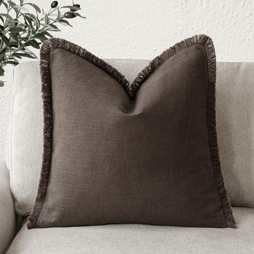 Image of Foindtower Decorative Linen Fringe Throw Pillow Covers Cozy Boho Farmhouse Cushion Cover with Tassels Soft Accent Pillowcase for Chair Sofa Bed Living Room Home Decor, 24x24 Inch, 1PC,Reddish Brown