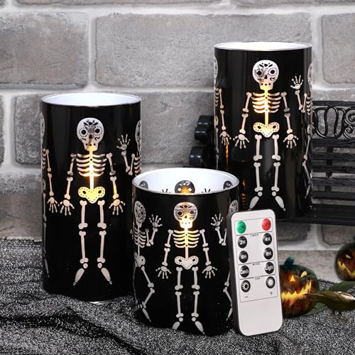 Image of Glass Flameless Candles Black Funny Skeleton Party Decor Battery Operated with Remote Gothic Spooky LED Pillar Candle for Halloween Decorations Haunted House Favors Classrooms, Set of 3