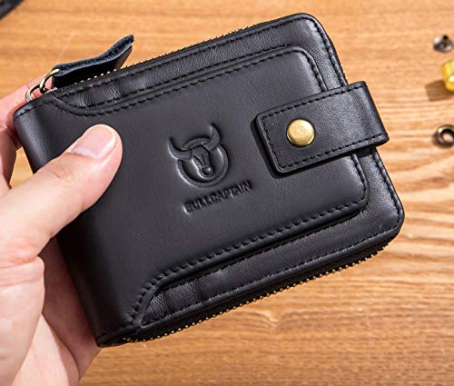 BULLCAPTAIN Genuine Leather Men Wallet with ID Window RFID Blocking Zipper Bifold Wallets Multi Card Holder Zip Coin Purse (Black)4