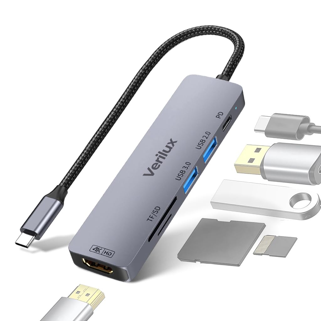 Verilux® 6 in 1 USB C Hub Adapter with 4K HDMI 30Hz, 100W PD Fast Charging, Dual USB 3.0 Ports, SD/TF Card Reader, Multiport Converter for Laptops, SSD Enclosure, Monitors-image-17
