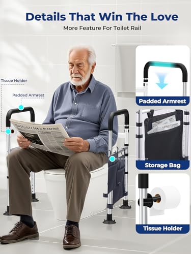 Image of WHLICKS Toilet Safety Rails, Height & Width Adjustable Detachable Toilet Safety Frame for Seniors, Elderly & Disabled, Foldable Handicap Toilet Rails with Handles Storage Bag, Tissue Holder (350LB)