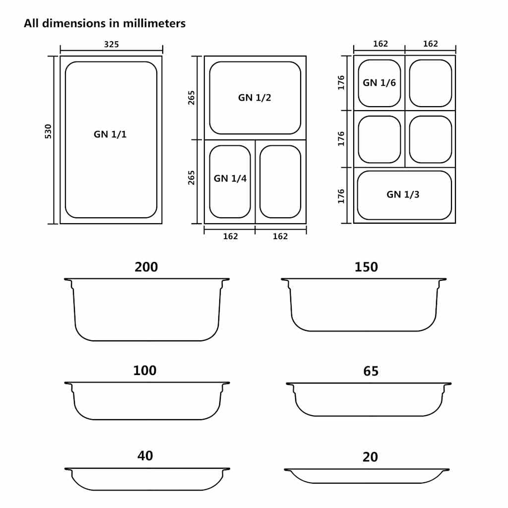 Genérico Bandejas Gastronorm 8 Unidades GN 1/6 200 mm Acero Inoxidable