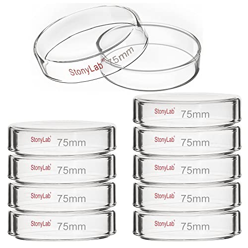 stonylab 10pk Glass Petri Dishes, 75x15 mm Autoclavable Borosilicate Glass Cell Culture Dishes Petri Dishes with Clear Lid for Laboratory
