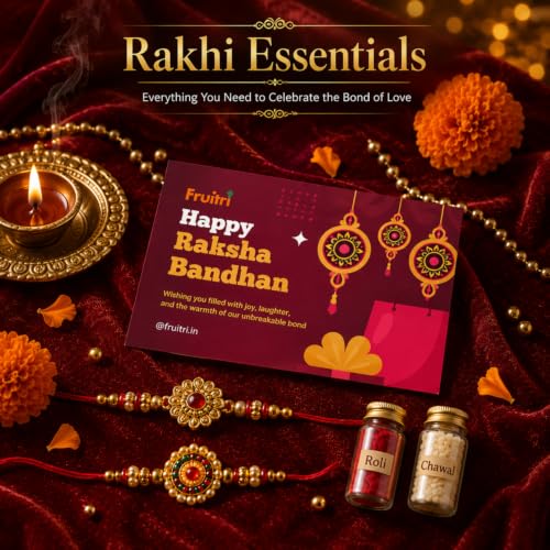 Image of Fruitri Premium Rakhi Gift Hamper for Brother with Almonds, Cashews, Green Raisins 100g each & Peri Peri Makhana, 2 Rakhis, Roli Chawal & Greeting Card