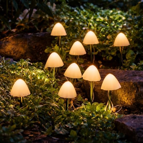 Festive Lights Lot de 10 lampes solaires en forme de champignon (2 m de longueur éclairée) avec panneau extérieur – 20 cm de hauteur, LED blanc chaud, capuchons...