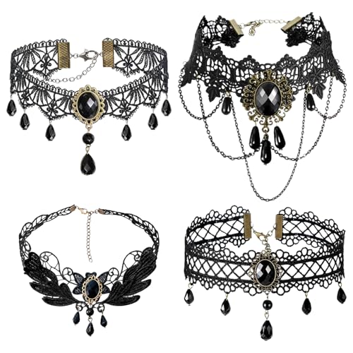 Gothic Halsketten 4 Stück, Halloween Choker Spitze Schwarz,Halloween Lace Choker Halskette Schwarz,Vampir Choker Schmuck für Halloween Party...