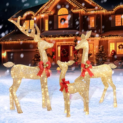 4.3 FT Outdoor Christmas Decorations Deer, 3 Pcs Family Outdoor