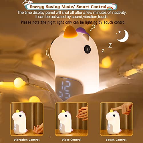 Sveglia per bambini luminosa, 3 colori, luce notturna, ricaricabile, LED sveglia digitale con grazioso unicorno per bambina, Ado Snooze, sveglia, colore: malva - Image 4