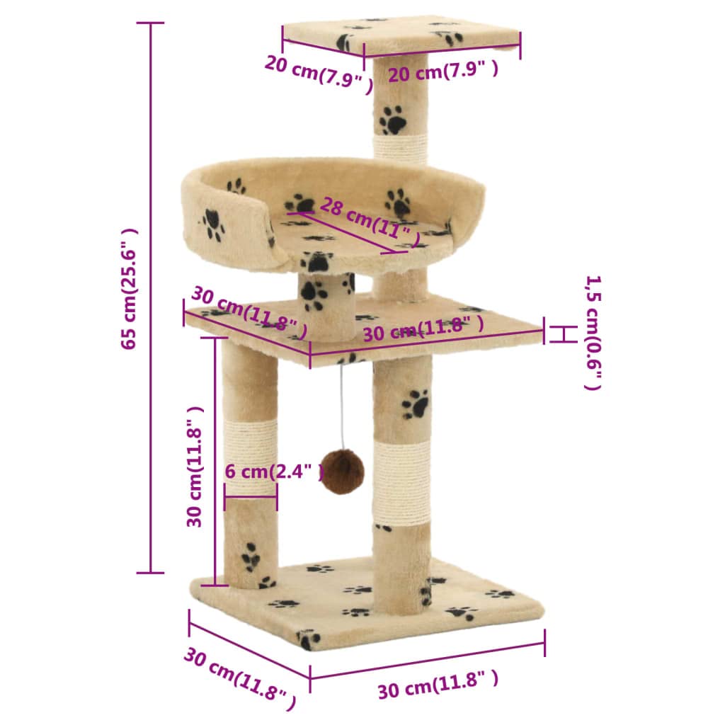 Katzenkratzbaum 65 cm Kleiner Kratzbaum Fuer Katzen mit Sisal-Kratzsaeule und Spielball - Kletterbaum mit Aussichtsplattform, Pfoten-Muster Beige
