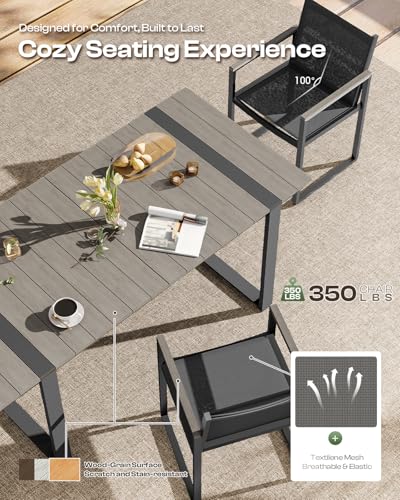 Image of Outdoor Dining Set, 7 Piece Aluminum Patio Furniture Set | Weather Resistant Outdoor Table and Chairs, HDPS Tabletop with Umbrella Hole, Textilene Mesh Chairs