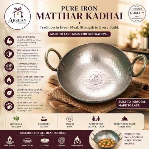 Image of Pure Iron Matthar Kadhai | Heavy Duty Hammered Iron Kadai with Strong Handles | Traditional Cooking Wok for Gas Stove | Deep Iron Kadhai for Indian Cooking (9 inch 22 CM 400ML)