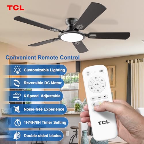 Image of TCL Ceiling Fans with Lights, 52 Inch Low Profile Ceiling Fan with Light and Remote Control, Flush Mount, DC Reversible Motor, Noiseless, 6 Speeds Ceiling Fan for Bedroom (Black)