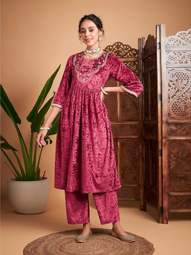Image of Women's Velvet Embroidered Gathered Kurta