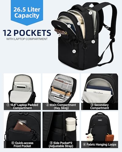 Image of HanTrip Travel Laptop Backpack for Women Men, 18 Inch Large Work Backpack for Commuter College School Book Bags, Water Resistant Backpack with Luggage Strap Water Bottle Pocket Chest Strap, Black