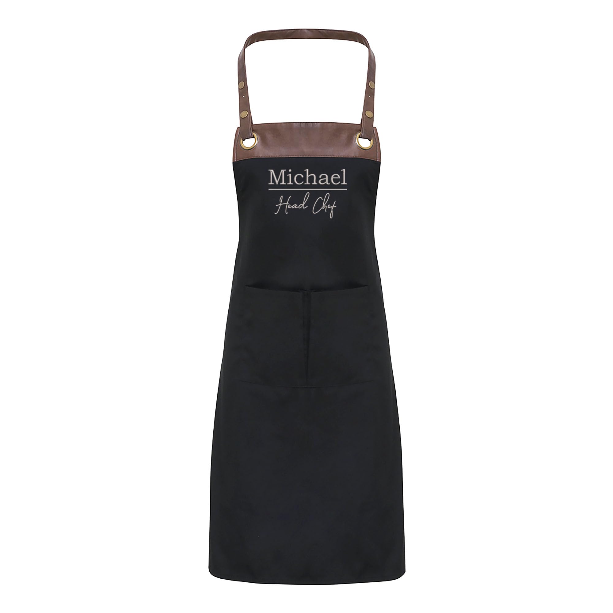 Beautiful Faux leather trim Unisex Embroidered Apron Personalised Apron Cook, Baking, Apron With Pockets (Black Brown)
