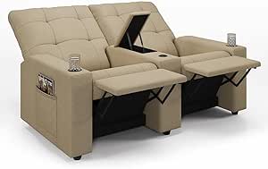 Poltrona do Papai Reclinável Cinema 2 Lugares Manual Baú USB Haifa F05 Linho Bege - Lyam Decor