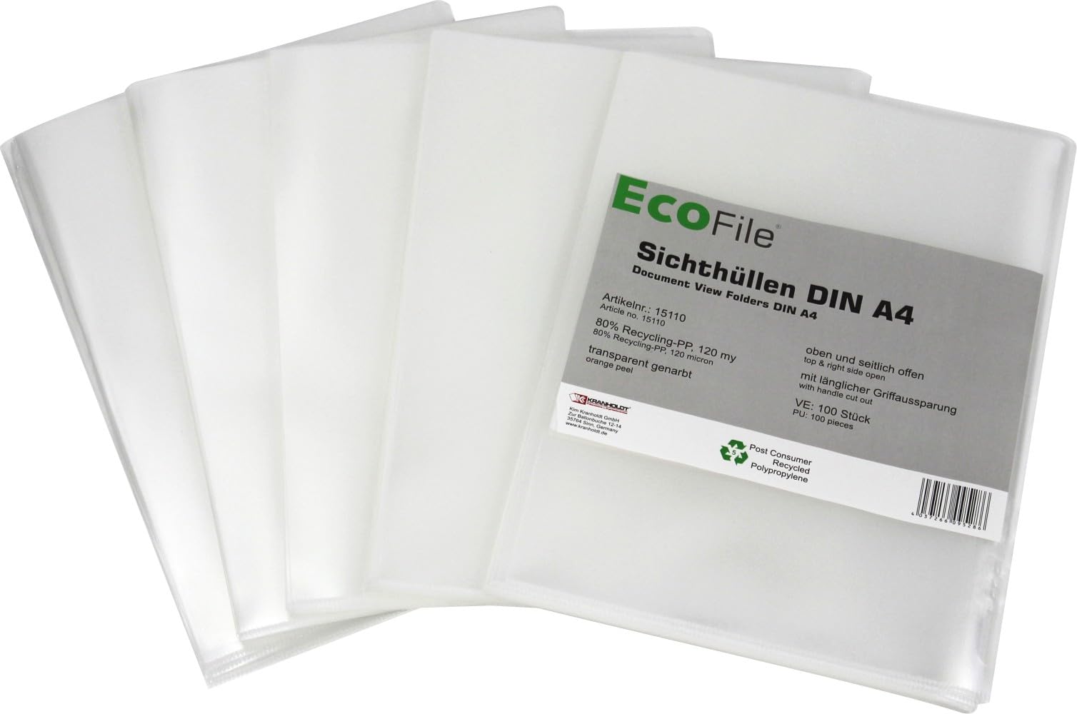 Sichthüllen Aktenhüllen A4 nachhaltig aus Post-Consumer-Recycling PP, oben und seitlich offen (100, 120my - Transparent genarbt)