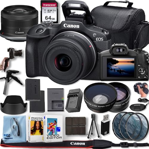 Canon EOS R100 Mirrorless Camera with Canon RF-S 18-45mm f/4.5-6.3 is STM Lens+Tripod+64GB Memory Card+Telephoto+Wide Angle Lenses +3pcs (UV/CPL/FLD) Filter Kit + Deluxe Accessory Bundle (Renewed)