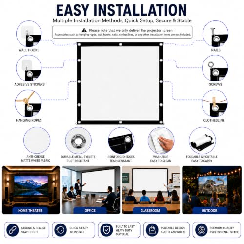 Image of Eyelet Projector Screen 4Ft x 4Ft 1:1 Aspect Ratio 1.2 Gain Matte White Full HD 1080P UHD 3D 4K & 8K Compatible for Office Classroom Home Theater & Outdoor
