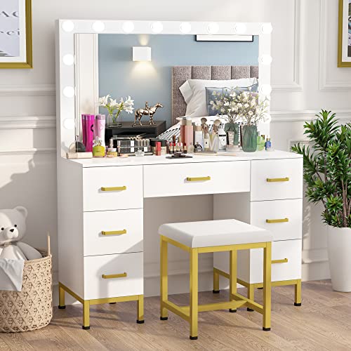Wjforlion Vanity Set With Lighted Mirror, 44'' Makeup Vanity Dressing Table With 14Pcs Led Bulbs, Vanity Desk White Vanity With Cushioned Stool & 7 Drawers For Bedroom(White) #TOP24