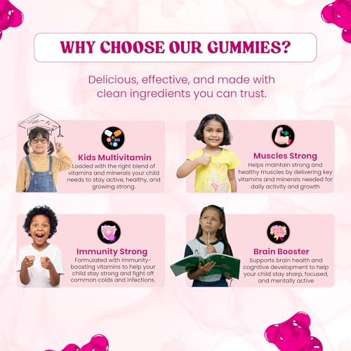 Image of Kids Multivitamin Gummies - Immune, Brain & Muscle Support with Veg Omega-3, Vitamin A, C, D2, E, Zinc Folic Acid & Iron - Strawberry Flavor, No Added Sugar, Gluten-Free, Soy-Free - 30 Count Gummmies For Kids (2+Years)