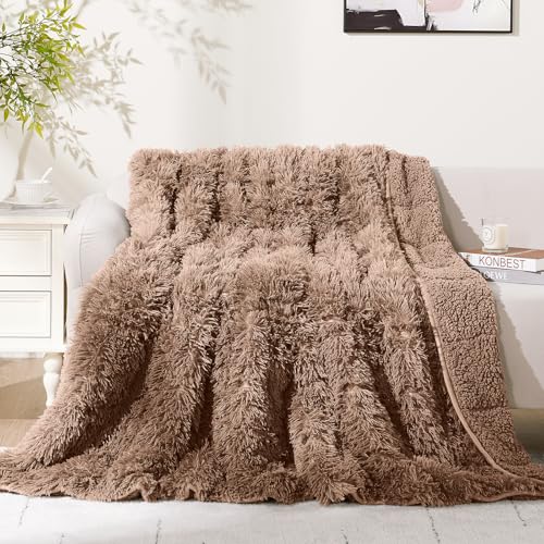 Image of Cottonblue Weighted Blanket 15 lbs for Adults Queen Size, Luxury Sherpa Faux Fur Reversible Plush Weighted Blankets Throw 60x80 in, Snugly Long Fur Warm Heavy Blanket for Couch Sofa Bed, Brown /Khaki