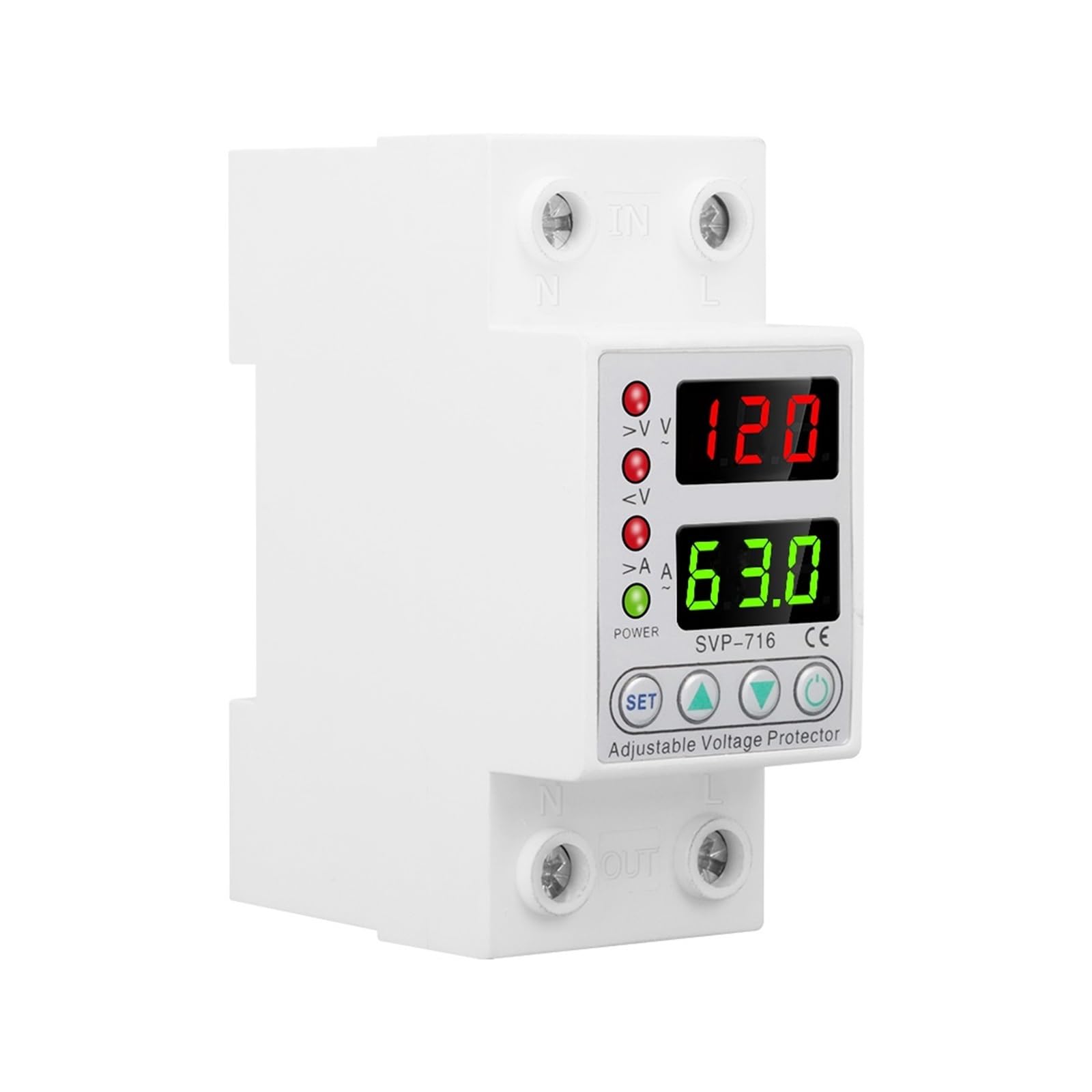 RWRAPS Protector de Voltaje 110VAC 120VAC 40A 63A DIN Rail Doble Pantalla Ajustable sobre Voltaje Corriente y bajo Voltaje Dispositivo Protector relé Protector (Size : V A Type (Adj), Color : 63A)