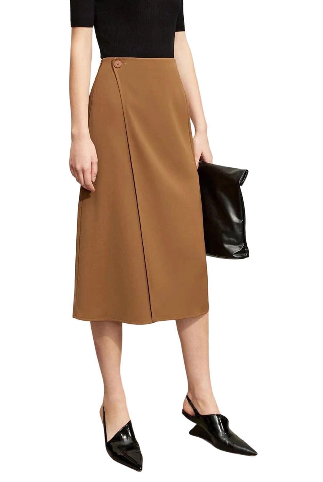 Womens Minimalist Asymmetric A-Line Skirt Solid Trendy Commuter Mid-Calf Length Modern Lap Piece Detail