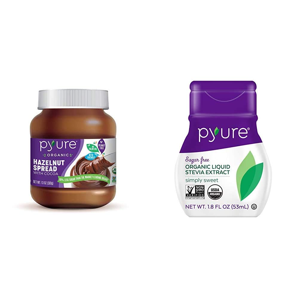 Pyure Hazelnut Spread with Cocoa 2 Net Carbs Keto Snack Gluten-Free, Peanut Free, Plant-Based Hazelnut Spread for Vegan Keto Friendly Food 13oz and Pyure Organic Stevia Liquid Sweetener Keto Sugar Substitutes, Zero Calorie, Zero Sugar, Zero Carb, Plant-Based Sugar Free Liquid Stevia Extract, Simply Sweet, 1.8 oz