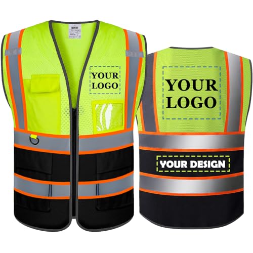 BeautyWill Custom Mesh Safety Vest Customized Logo Class2 High Visibility Reflective Vest with Pockets Construction workwear ?Yellow Black?L ?