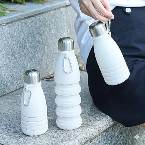 Image of ZENOVIA Collapsible Silicone Water Bottle, White, 550ml | Foldable, Leakproof, BPA-Free, Portable Reusable, For Gym, Hiking, Camping, Office & Kids