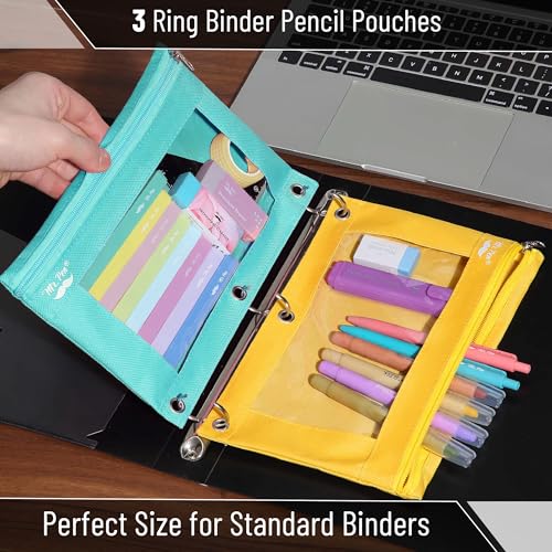 Image of Mr. Pen- Pencil Pouch for 3 Ring Binder, 2 Pack, 10 inchx6.75 inch, Smooth Zipper | Clear Window, Large Capacity Pencil Case with 3 Reinforced Grommets for School, Office, Supplies Storage | Clear Window, Large Capacity Pencil Case with 3 Reinforced Grommets for School, Office, Supplies Storage