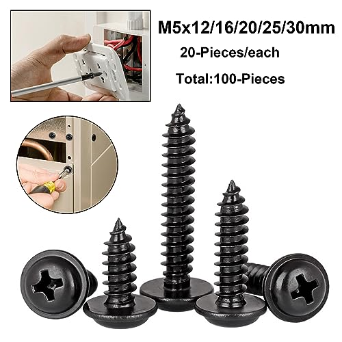FandWay 100Pcs Self Tapping Screws Black,M5 Wood Screws Assortment,Pan Head With Washer Self Drilling Screw,Wafer Head Sheet Metal Screw Phillips Drive for DIY Woodwork Repairs - Image 2