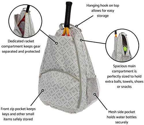 LISH Advantage Tennis Racket Backpack - Women's Geometric Diamond Print Tennis Racquet Holder Bag (Grey)