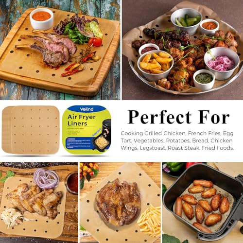 Image of Vailnd Air Fryer Liners Disposable, 100pcs 8.5In Square Parchment Paper Sheets Unbleached, Perforated Food Steamer Liner for 5-8 Qt Air Fryers Baking Cooking Oven