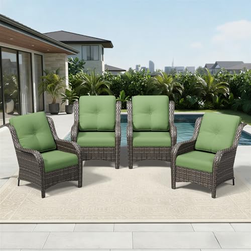 Image of Joyside 4 Piece Wicker Patio Furniture Set, Rattan Patio Chairs with High Back, Deep Seating, Wide Armrest, Thickened Cushions, Outdoor Furniture for Deck, Porch Use