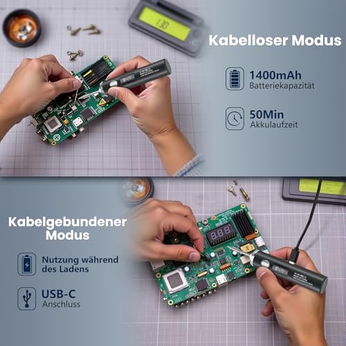KKMOL Accu soldeerboutset, USB-oplaadbaar, met lcd-scherm en verlichtingsmodus, 5 temperaturen instelbaar van 260 tot 450 °C, professionele veilige complete set, zwart - Afbeelding 4