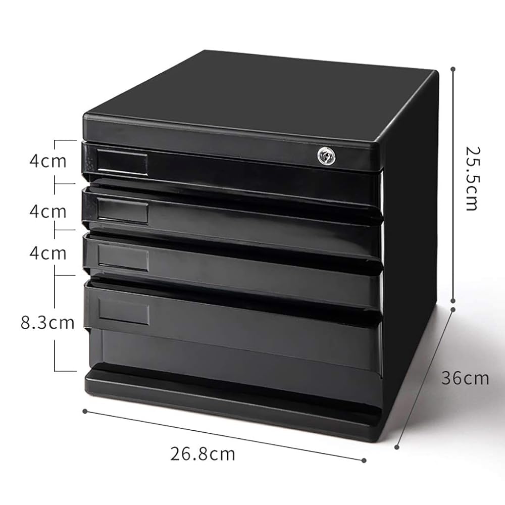 Archivador negro con cerradura con 4 cajones, organizador de documentos A4, espaciosa caja de almacenamiento para accesorios y archivos, diseño duradero y elegante