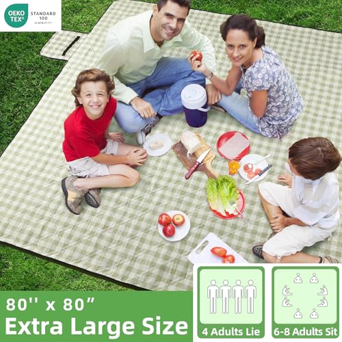 ZAZE Extra Large Picnic Outdoor Blanket, 80''x80'' Waterproof Foldable Blankets Gingham Picnic Mat for Beach, Camping Grass Lawn Park Accessories Cute Couple Gifts Ideas Wedding Registry(Green White) - Image 3